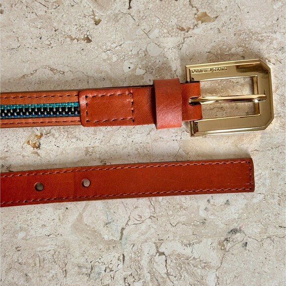 Vince Camuto Skinny Belt Tan Brown Faux Vegan Leather Blue Tapestry Inset - Picture 8 of 11